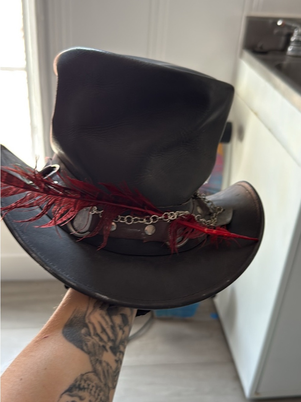 Steampunk Black Leather top hat with Red Feather Trim